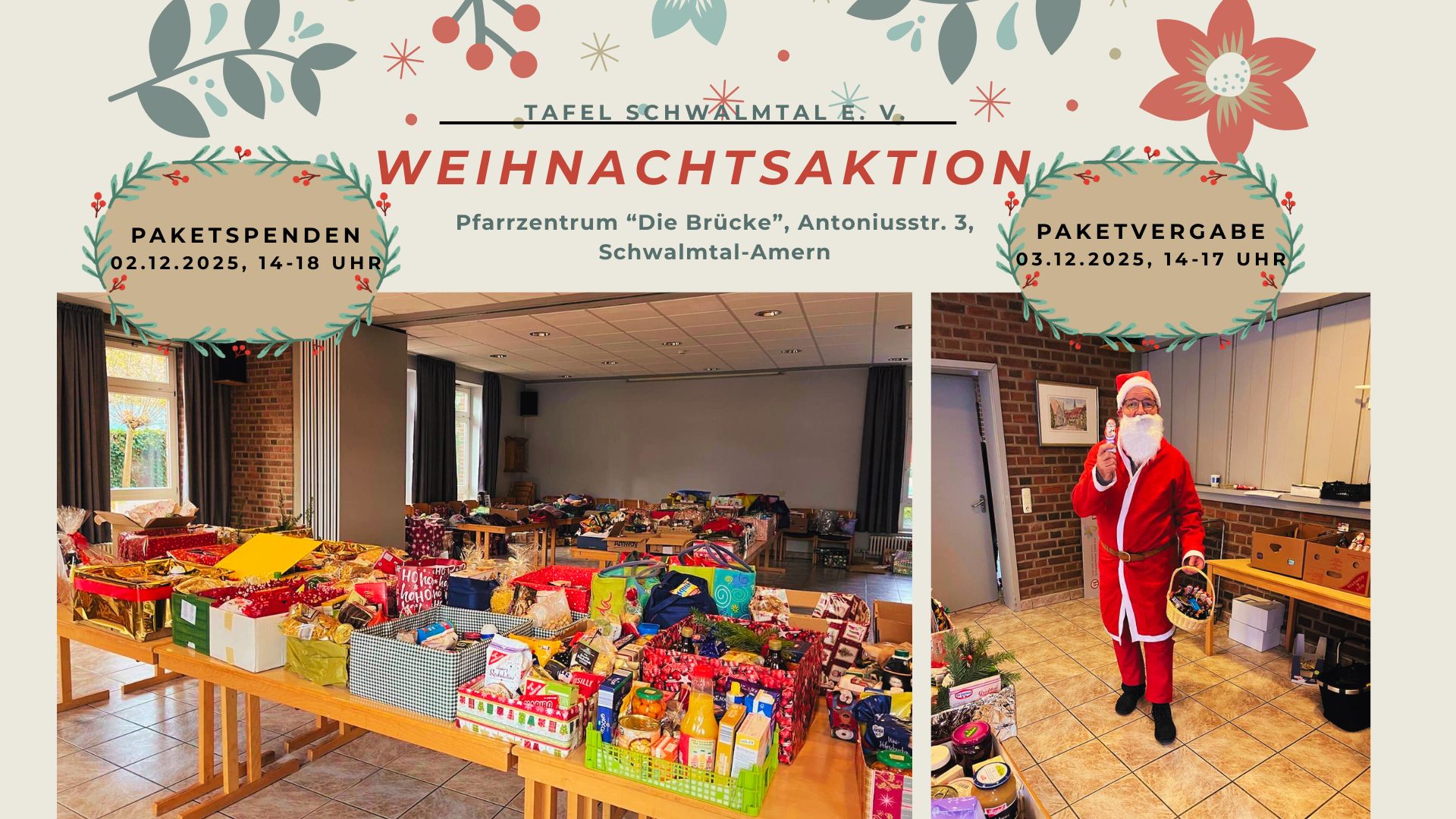 Ein freundlich lächelnder Mann verkleidet als Weihnachtsmann steht in einem festlich geschmückten Raum mit vielen bunten Geschenkpäckchen und Lebensmitteln