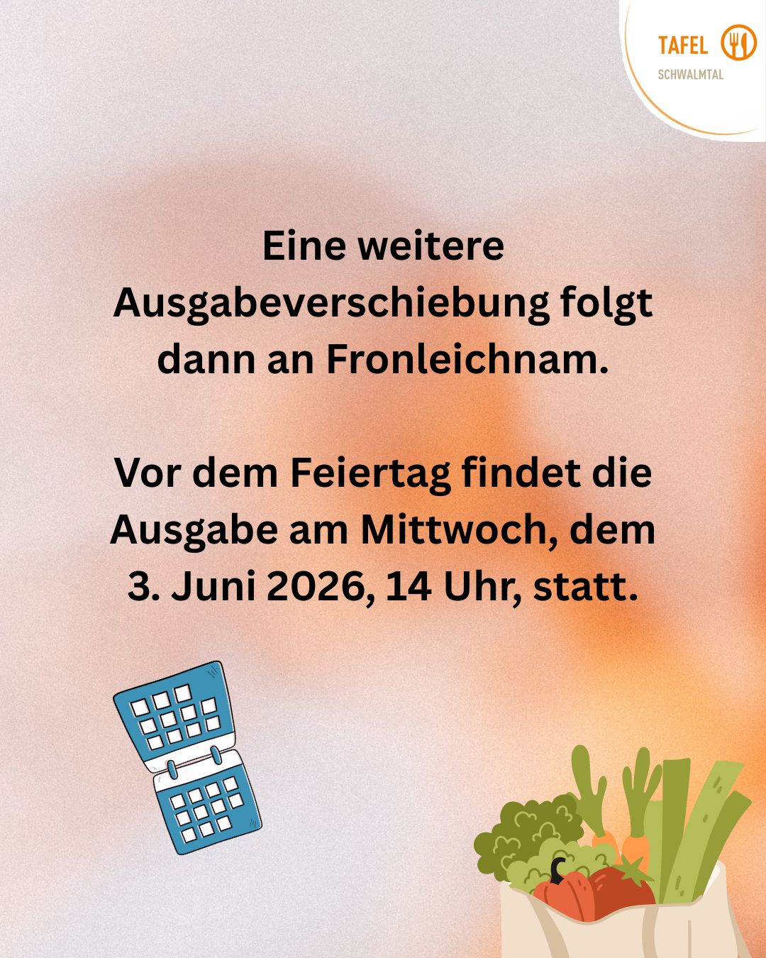 Eine Grafik mit Kalender und Gemüse informiert freundlich über einen Ausgabetermin