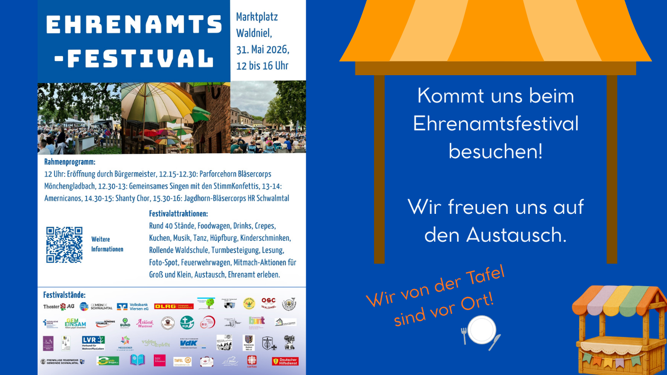 Werbeplakat in Blau und Orange zum Ehrenamtsfestival mit Marktstandmotiv