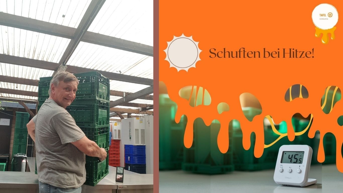 Mann mit neutralem Blick neben grünen Kisten, orange Hitzeplakat, Timer 45 Minuten