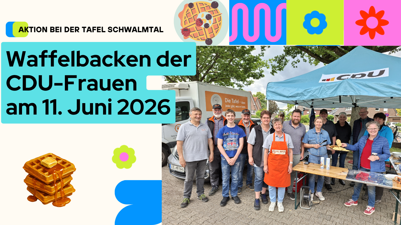 Laechelnde Gruppe in Blau und Orange am CDU Zelt mit Waffelstand